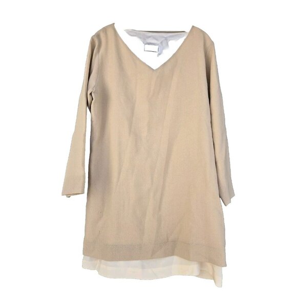 Lat Naylor Think Tank Beige+Ivory SILK Two Layer Dress L/S Sz 2 (Medium) - Picture 1 of 2
